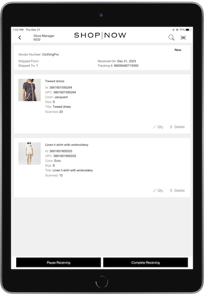 The POS app with the option to pause receiving or complete receiving.