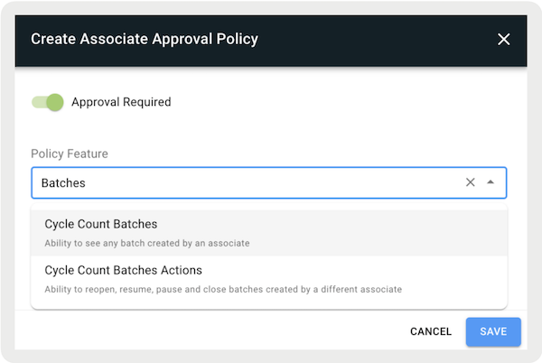 The Create Associate Approval Policy settings in Point of Sale CMS