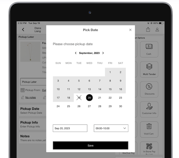 The Pick Date window for delivery date selection in the POS app.
