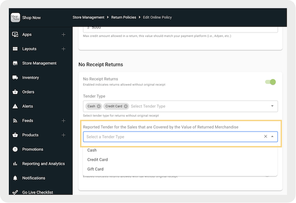 The Edit Online Policy section in Point of Sale CMS, with No Receipt Returns settings configured.