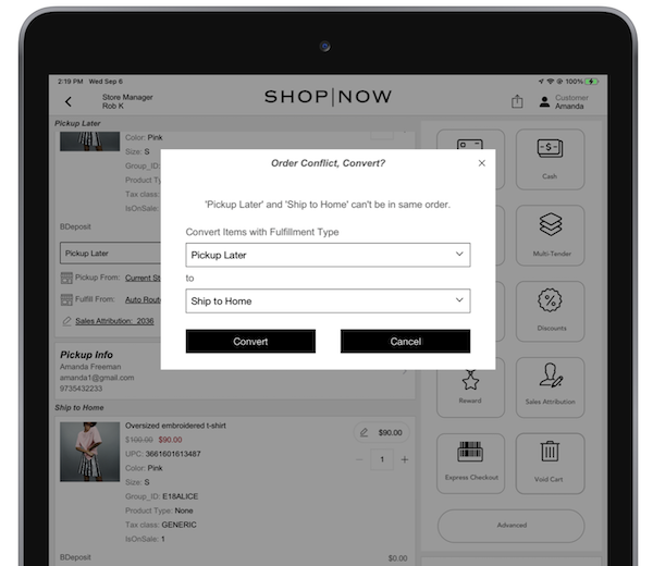 The Order Conflict, Convert window in the POS app.