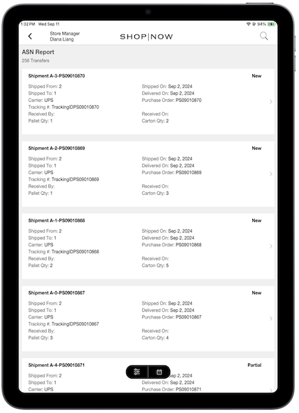 A list of shipments in an ASN report in the POS app, showing carrier, tracking number, and purchase order.