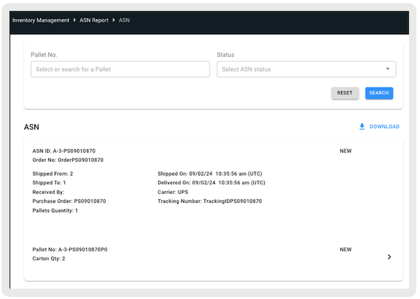 A list of the pallets in a specific ASN in Point of Sale CMS.