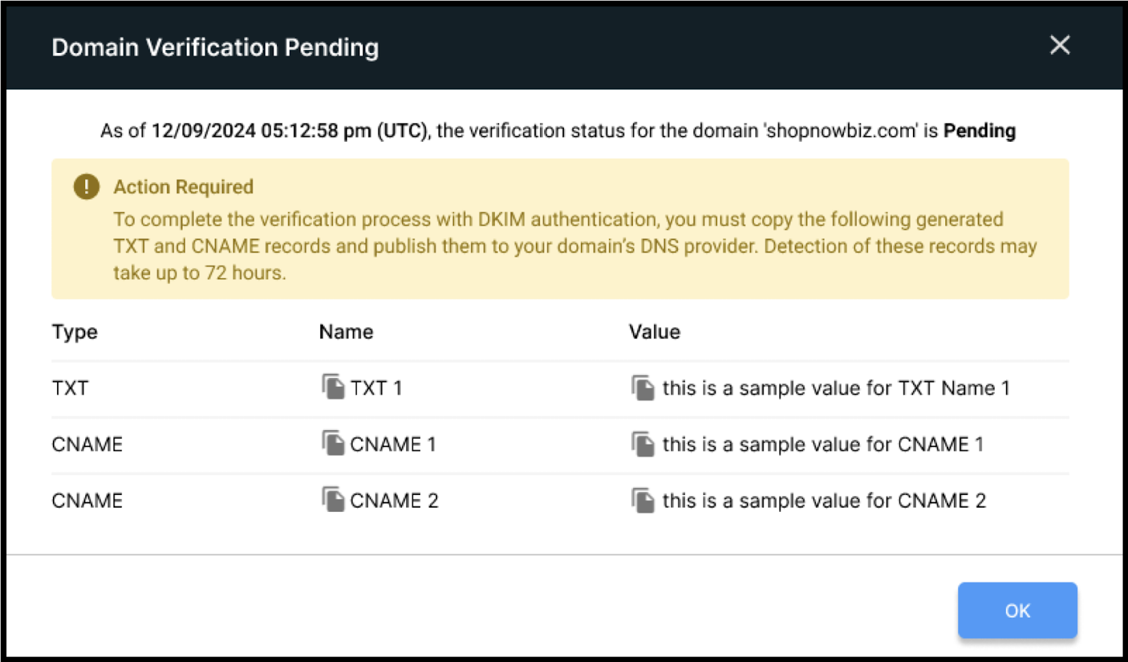 A screen showing the status of pending domain verifications.