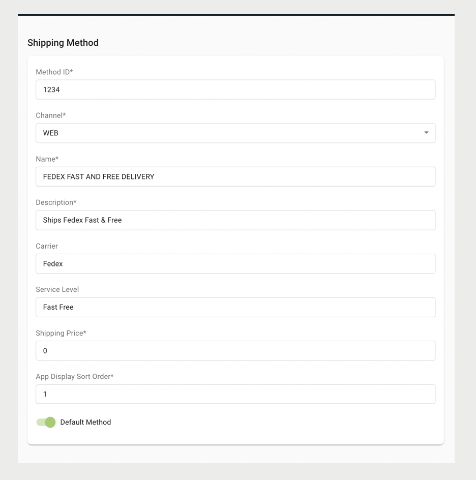 A form lists shipping method details.