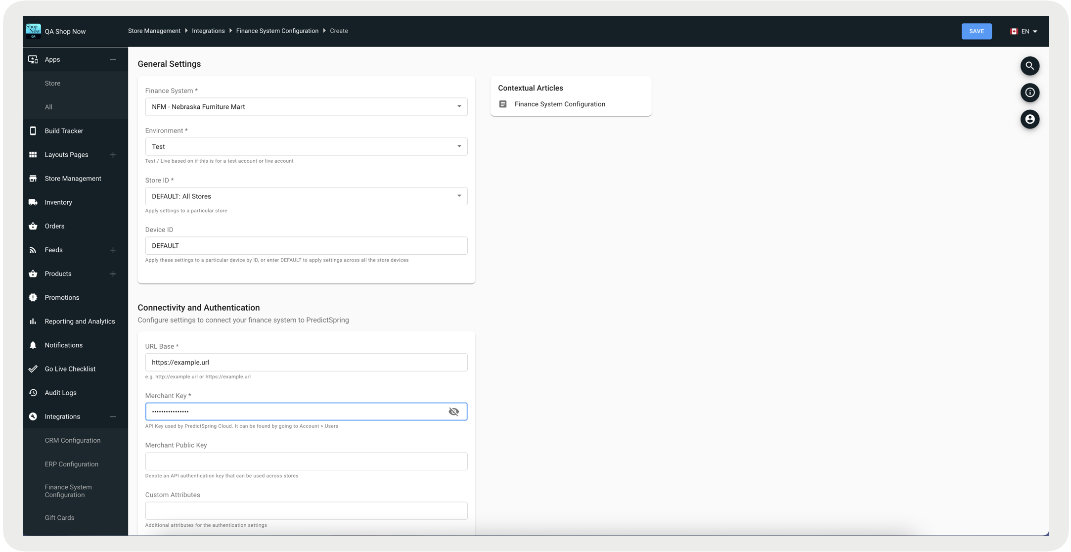 A settings page displays finance system configuration.
