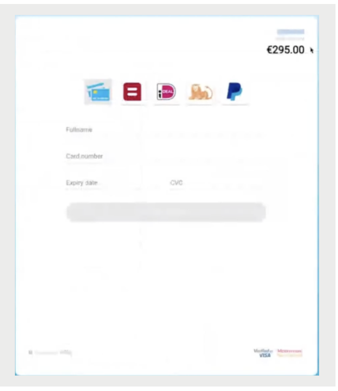 A payment screen displays several payment options and a form to enter a full name, card number, expiration date, and CVC.