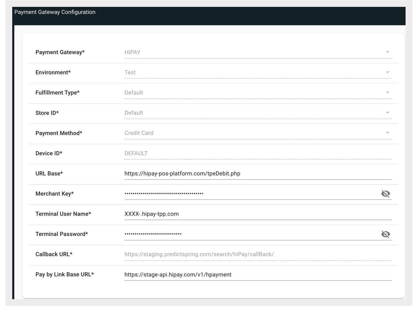 A configuration page for a payment gateway.