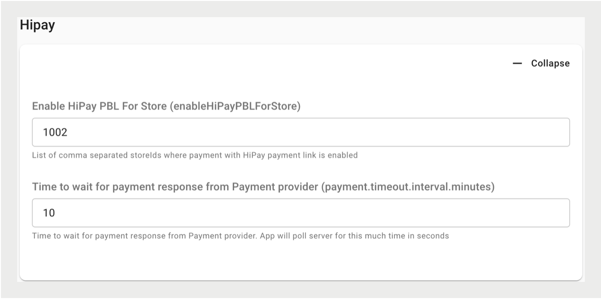 A form displays HiPay settings for enabling payment links and setting a payment response timeout.