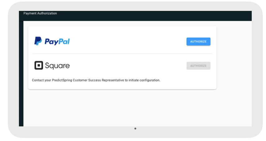 A payment authorization screen shows PayPal and Square options.