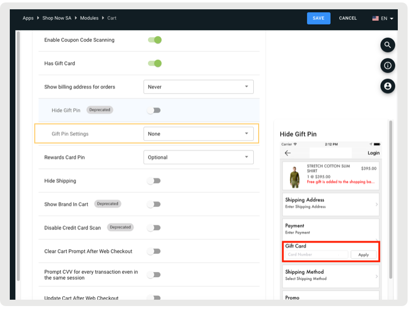 A screenshot displays cart settings for an application.