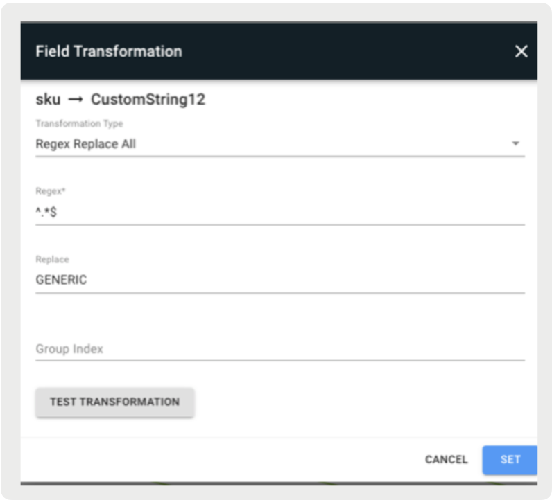 A field transformation form enables modification of a string with regular expressions.
