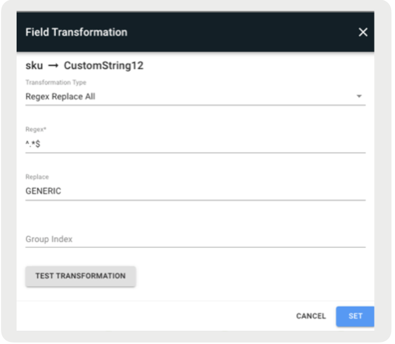 A form displays field transformation from SKU to custom string.