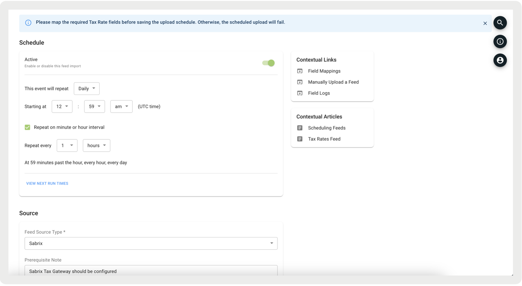 A settings menu to schedule a feed import.