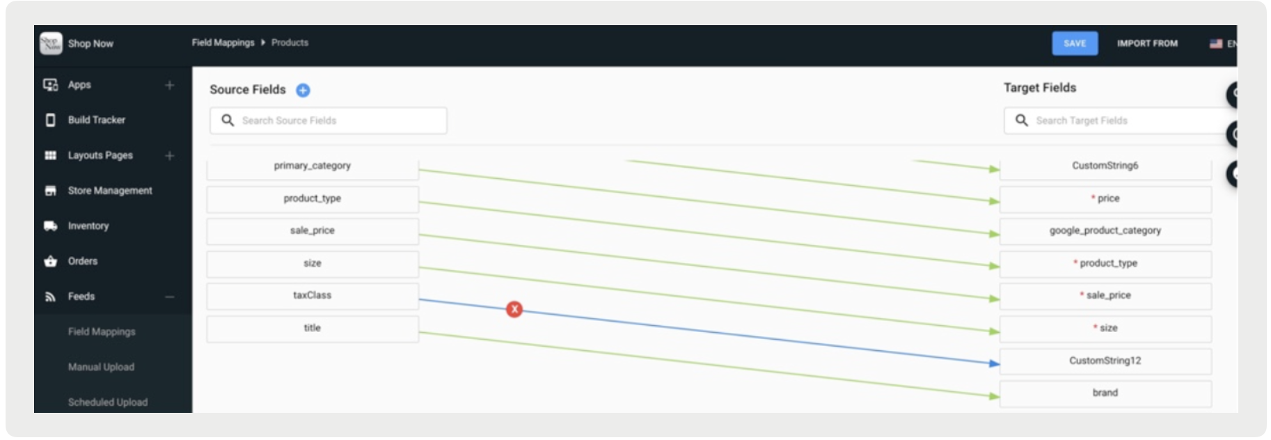 A matrix maps different source fields to target fields.