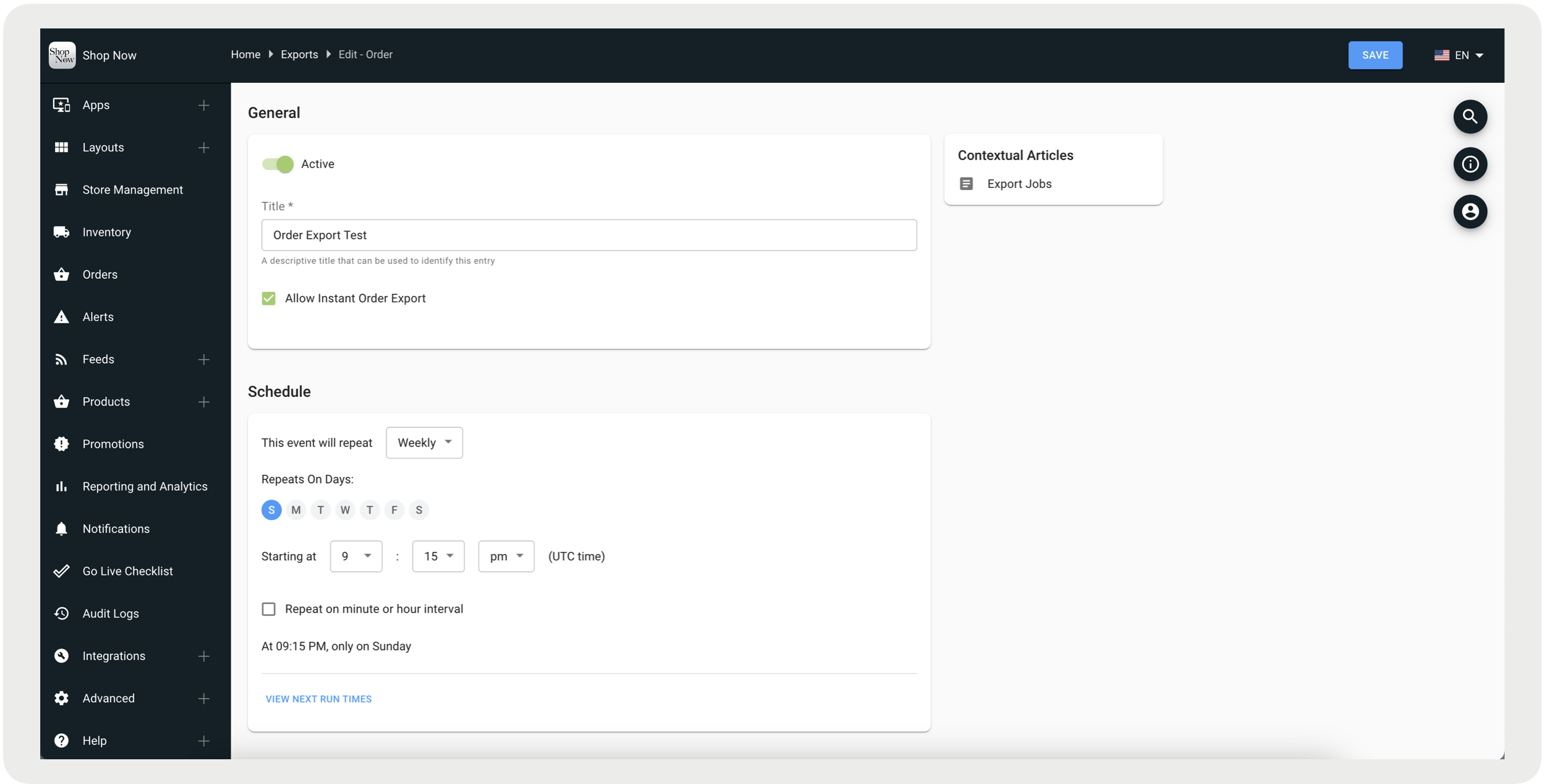 A screenshot shows the settings for creating an export job.