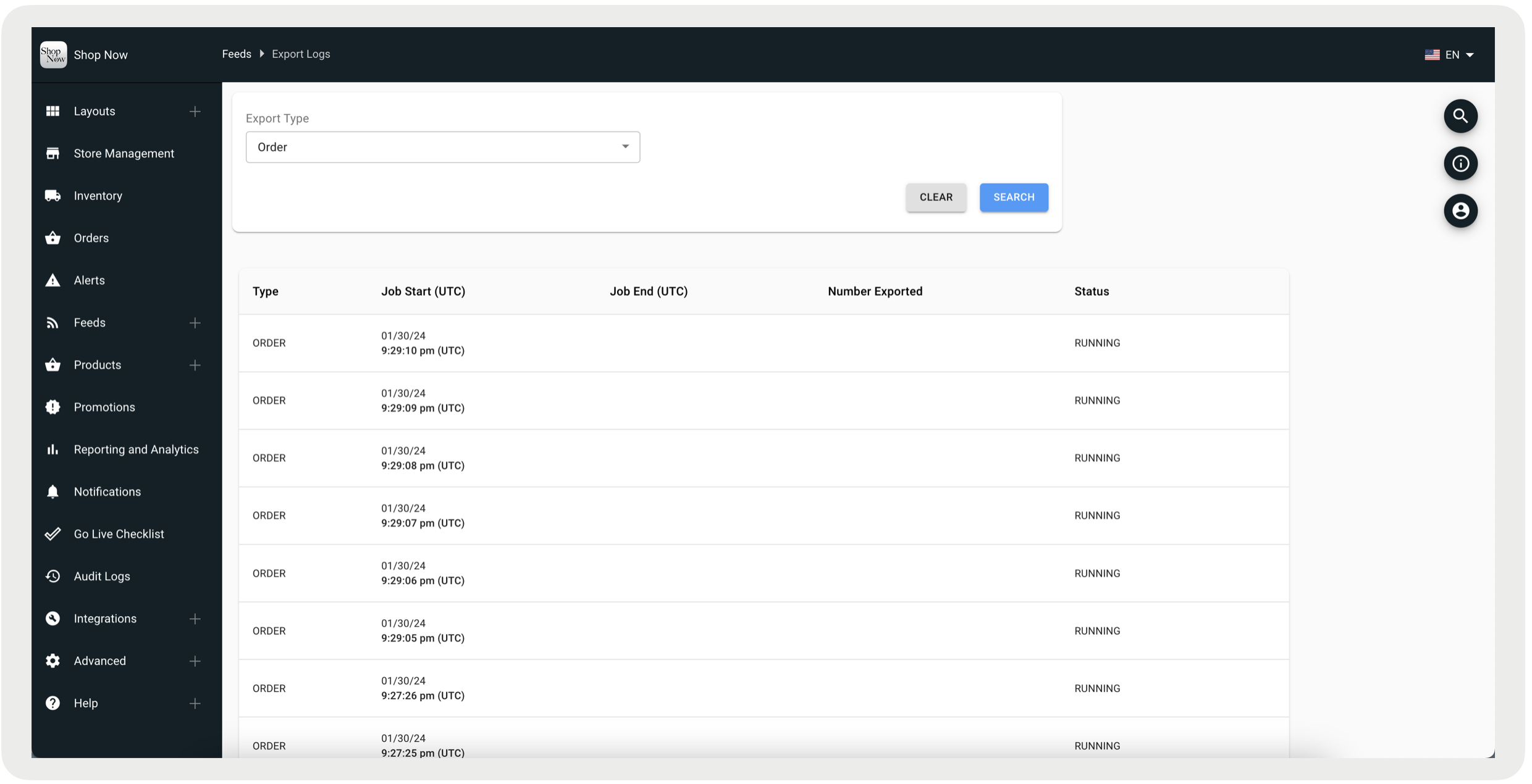 A screenshot shows logs of export jobs.