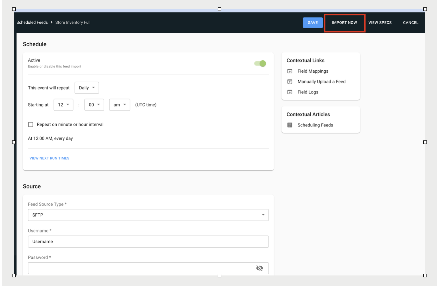 A screenshot highlights the import now option on a data feed schedule.