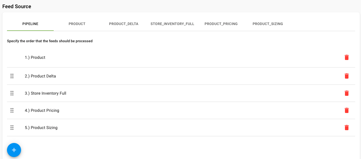 A screenshot shows an example pipeline with Pricing and Product Sizing feed.