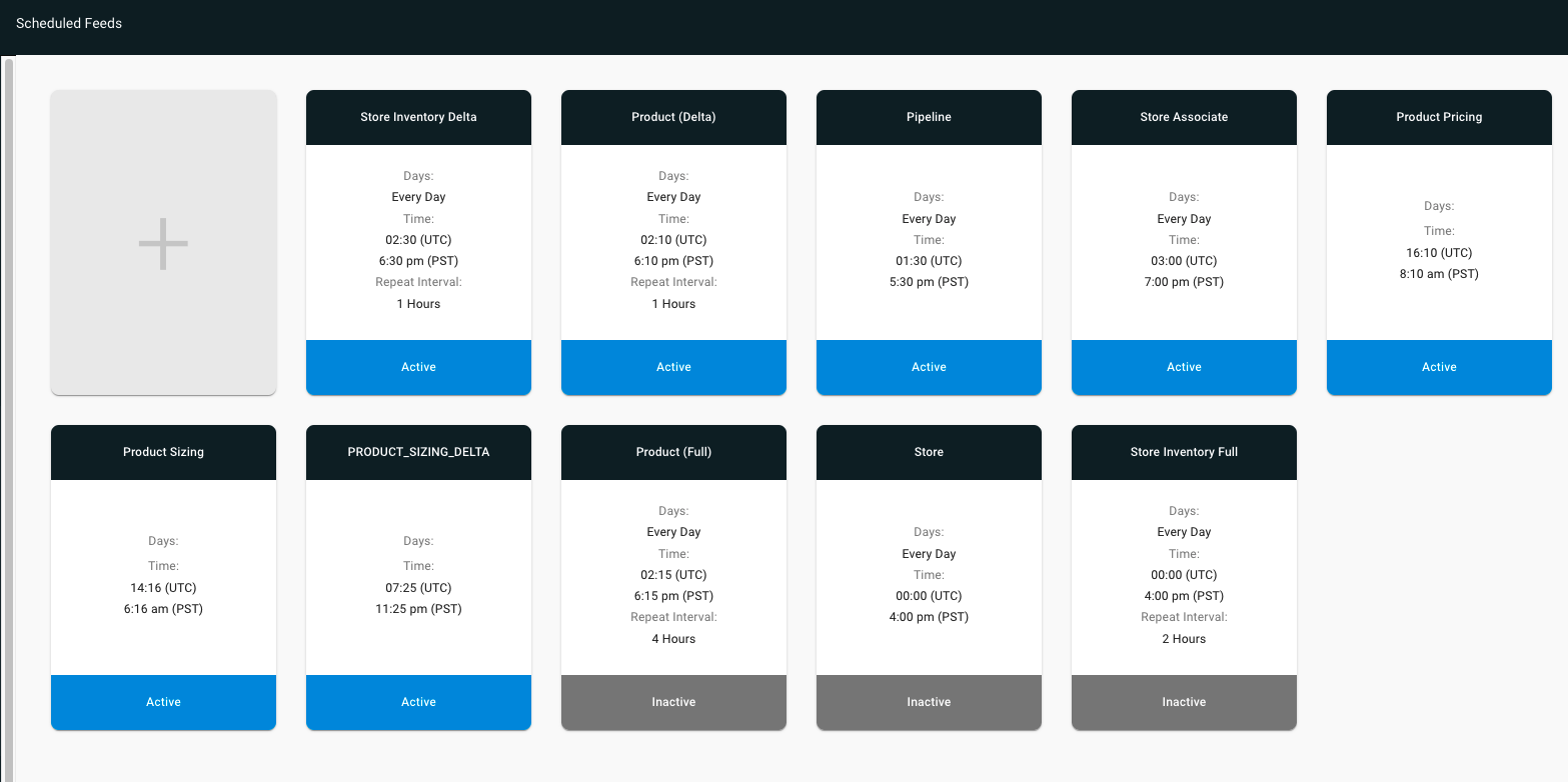 A screenshot chose various scheduled feed uploads.
