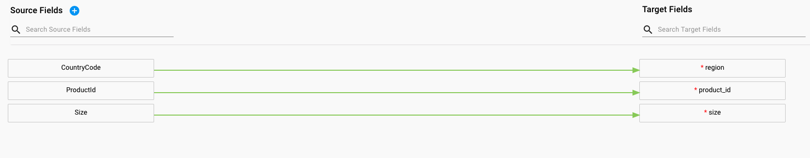 A screenshot shows an example sizing feed field mapping.