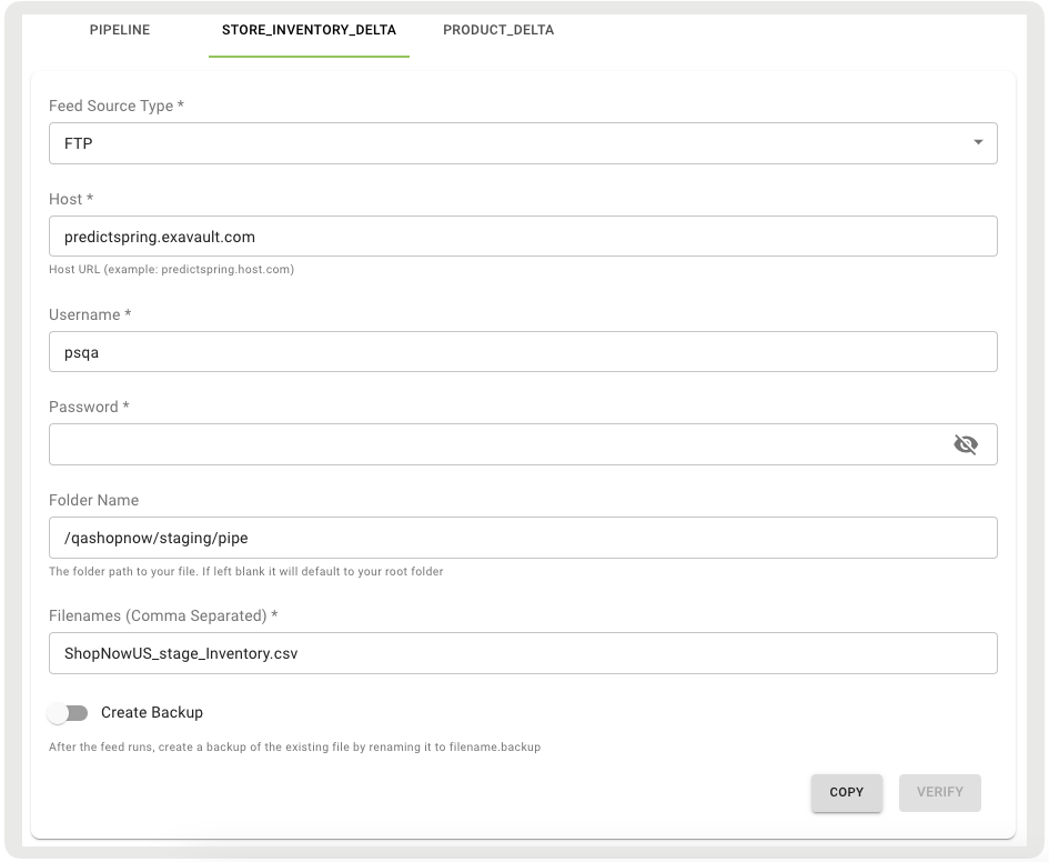 A screenshot shows the specification of a data feed to add to a pipeline.