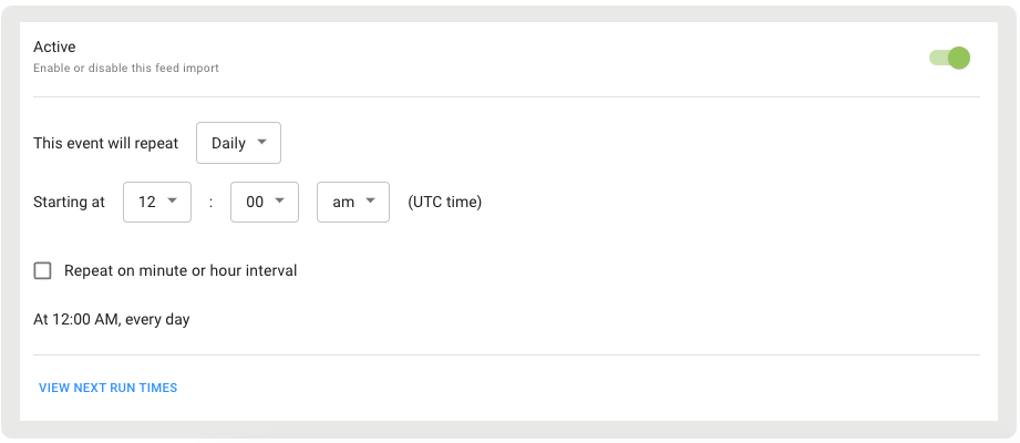 A screenshot shows the scheduling details for a data feed.