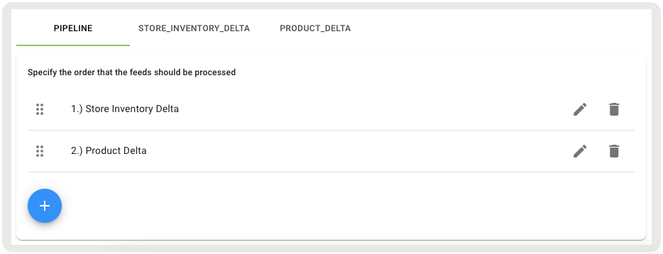 A screenshot of a list of feeds in a pipeline shows the reorder handle and delete icon.