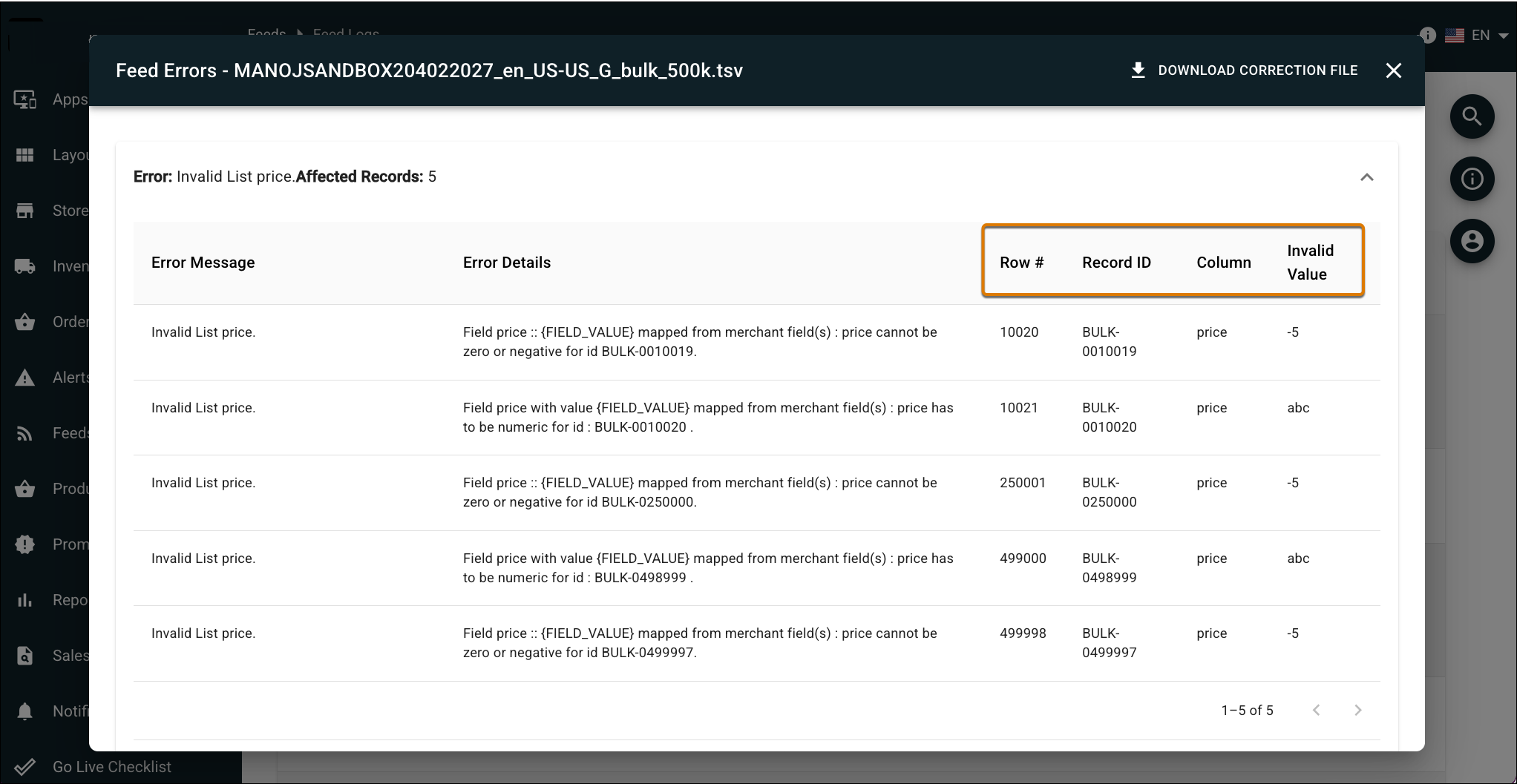 A screenshot shows an example of a data feed error log.