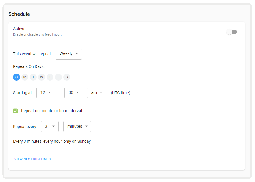 A dialog showing the settings for a feed schedule.