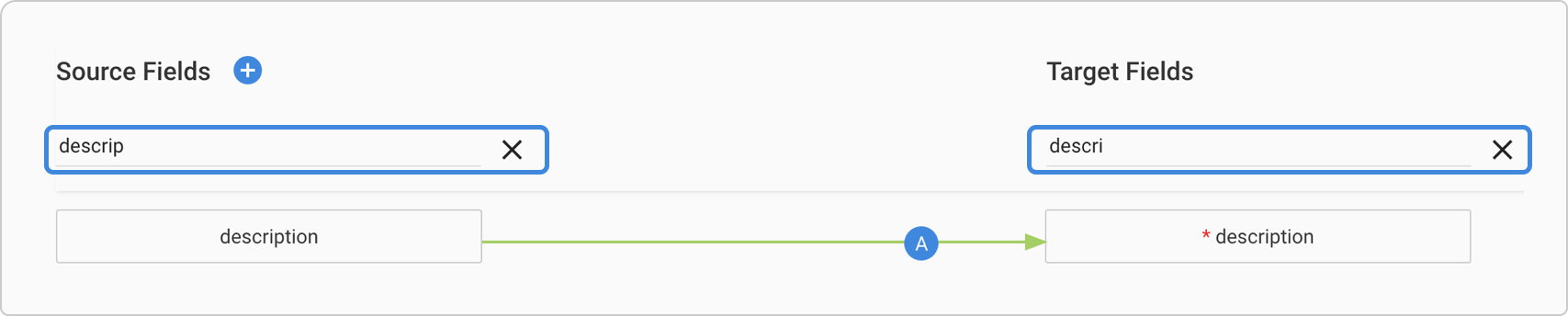 A screenshot shows filtered lists of source and destination fields.