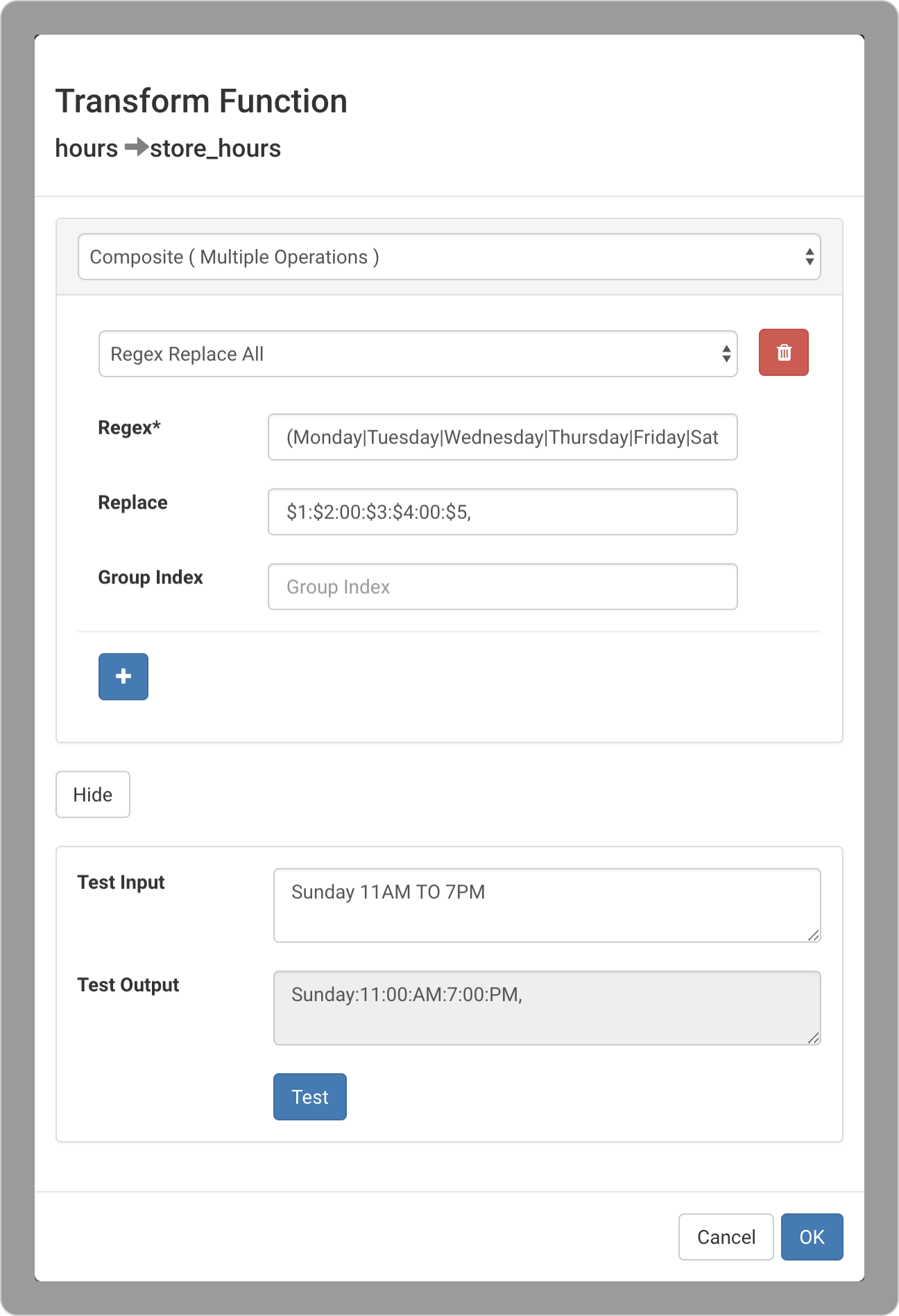 A screenshot shows test values in the transform function dialog.