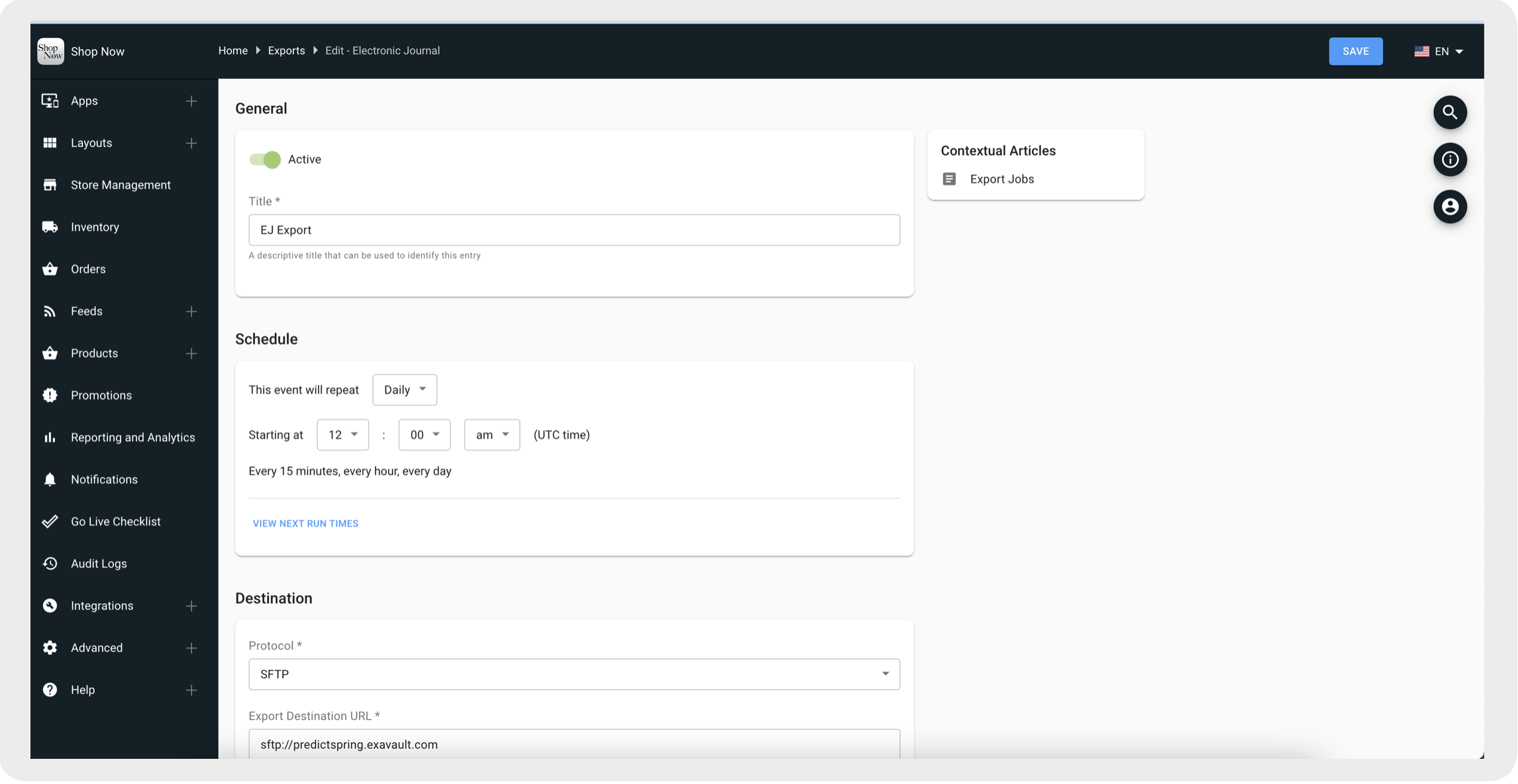 A screenshot showed the schedule settings for a electronic journal data export.