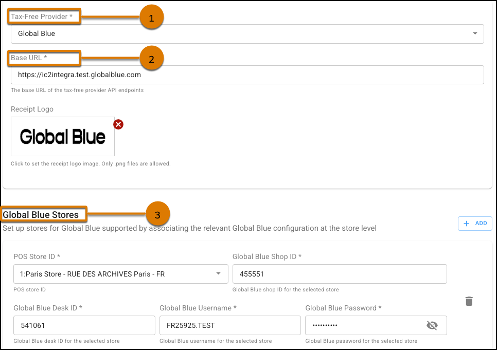 A screen displays options for Global Blue integration in Point of Sale CMS.