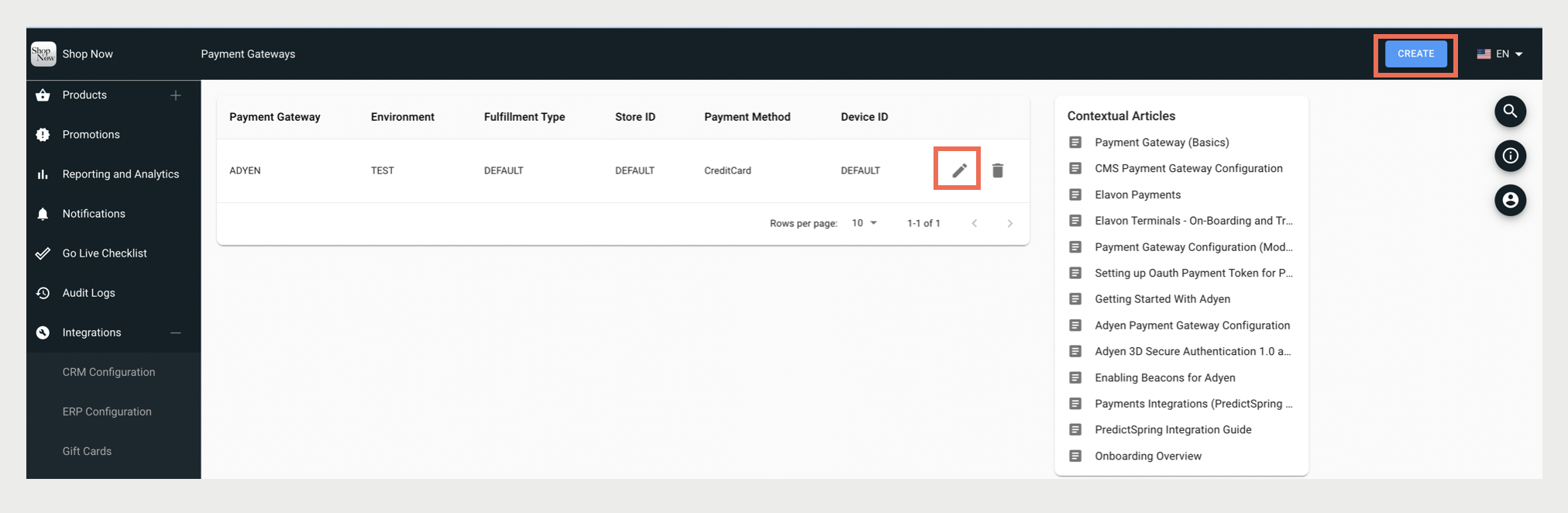 The payment gateway option listing payment gateways, environment, fulfillment type, store ID, payment method, and device ID.