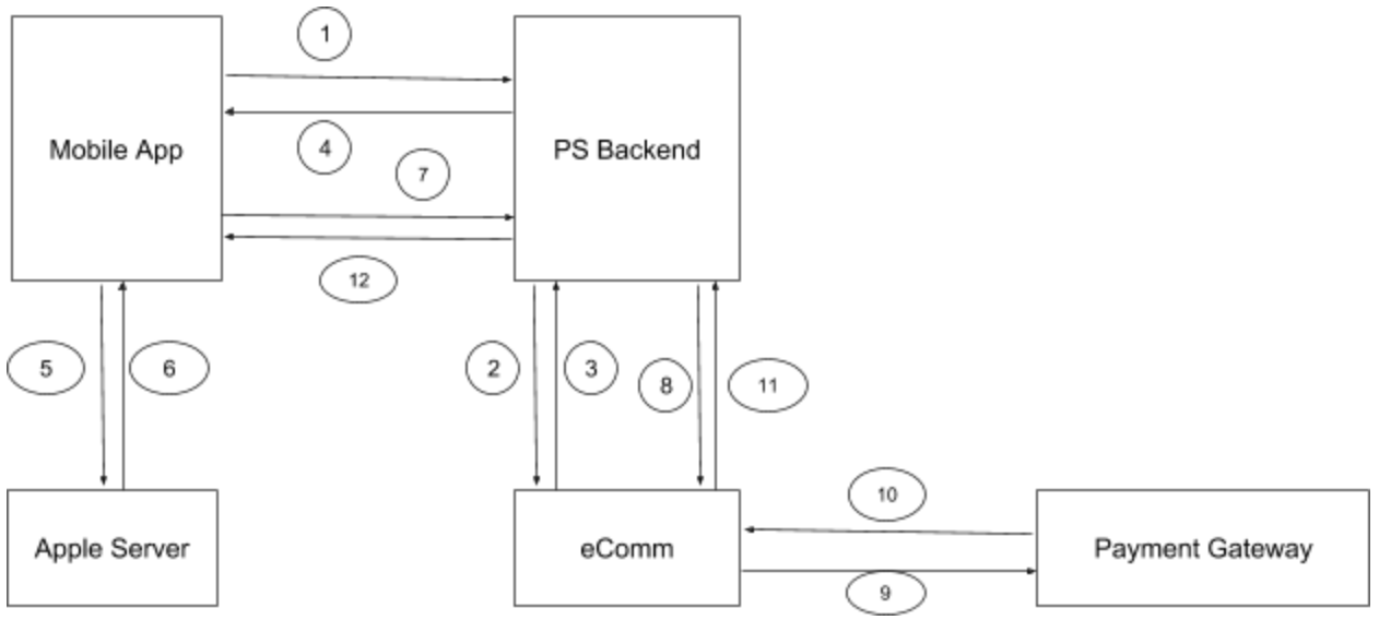 A flowchart shows data flow between a mobile app, a backend, Apple server, eComm, and a payment gateway.