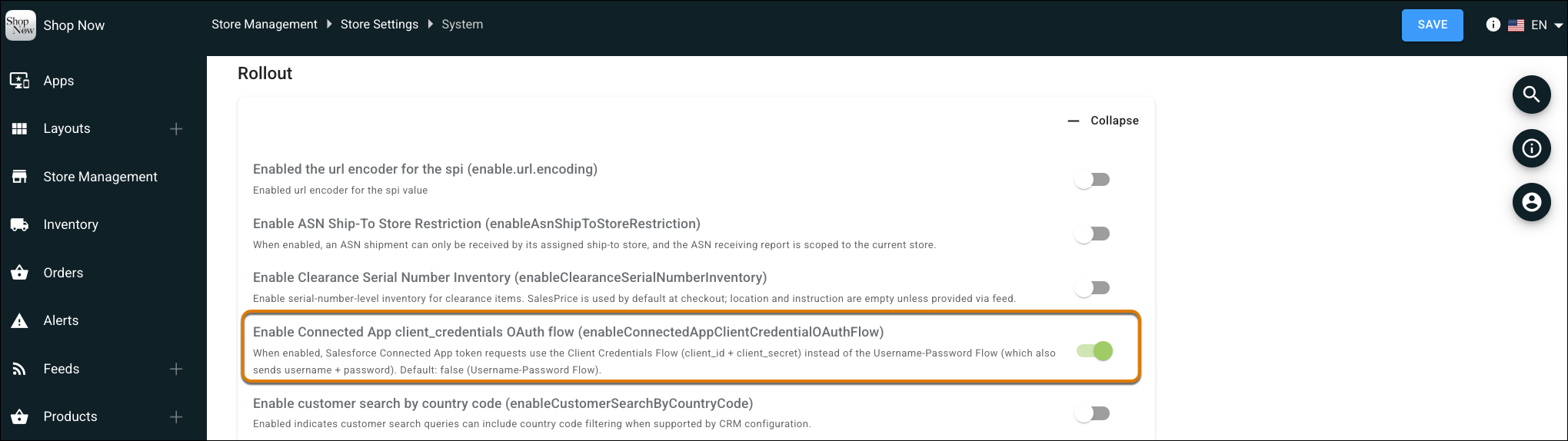 The Enable Connected App client_credentials OAuth flow setting turned on in the Rollout section of the Point of Sale CMS System settings.