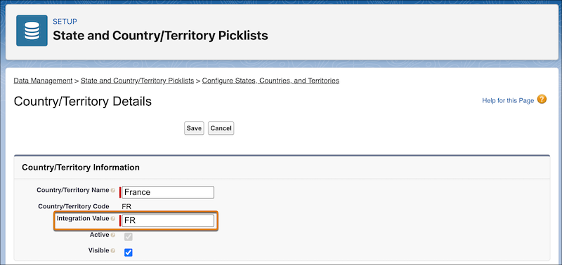 The Country/Territory Details page in Salesforce Setup showing France with the Integration Value field set to FR.