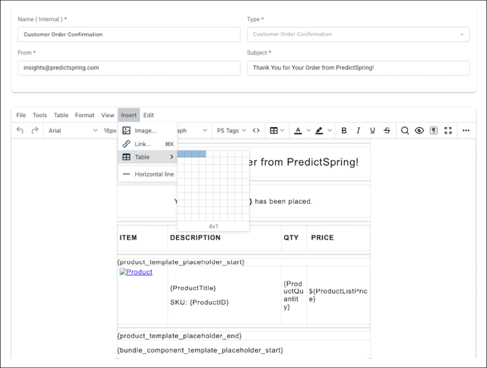 A 4x1 table added in the visual editor after the start tag.