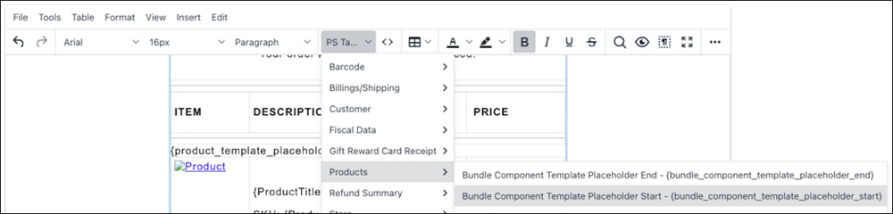 Bundle Component Template Placeholder Start tag inserted in the first new row.