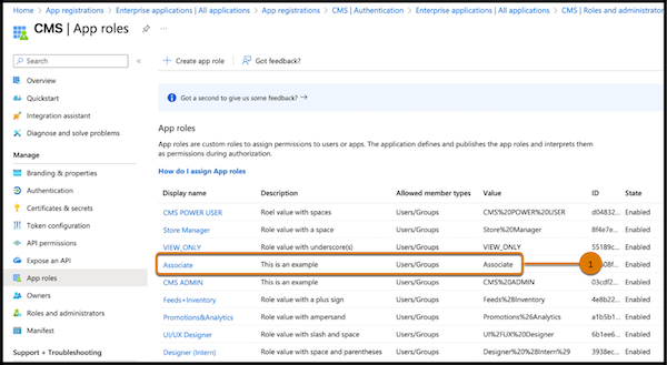 The App roles page in the CMS, showing the CMS user role Associate.