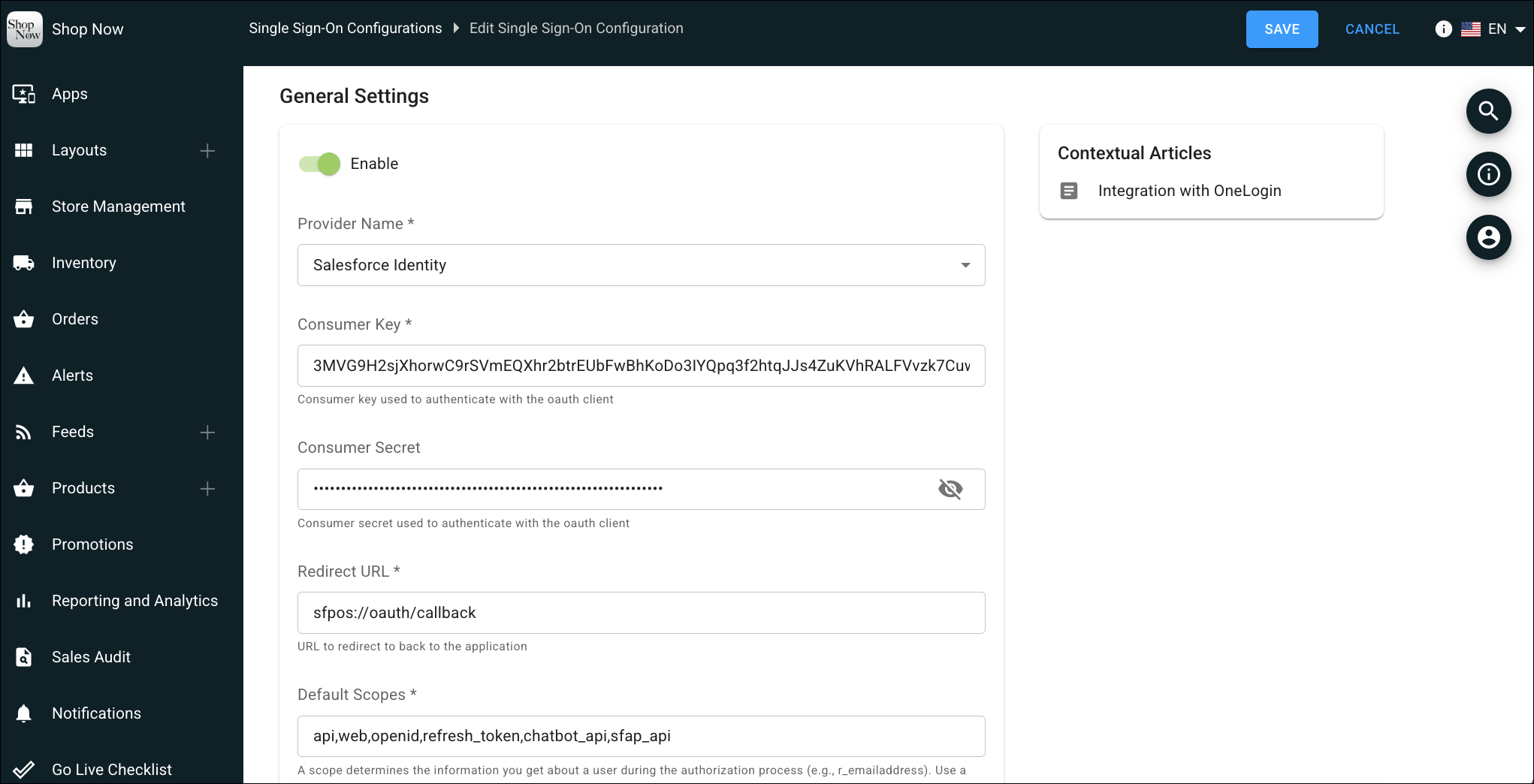 Single Sign-On Configuration settings in the CMS