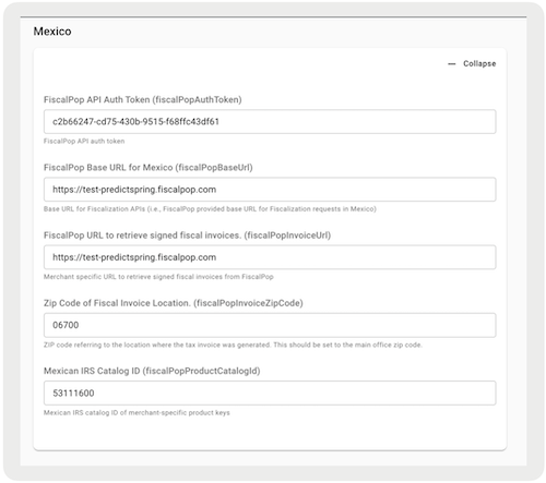 The required fields for configuring FiscalPop for Mexico