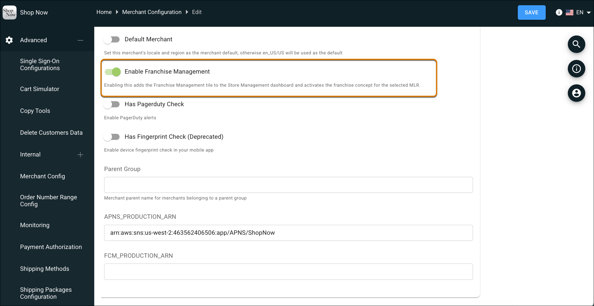 Screenshot showing Enable Franchise Management toggle in Merchant Config