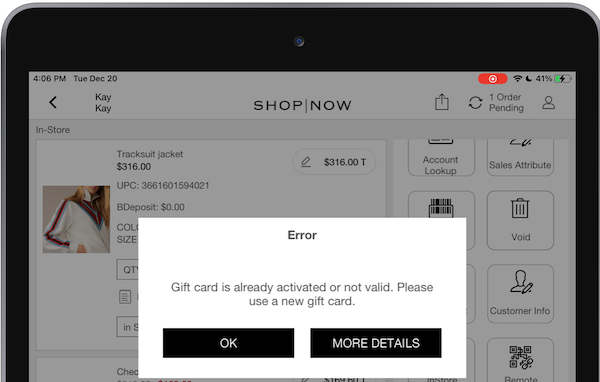 An error message in the POS app that directs you to use another gift card.