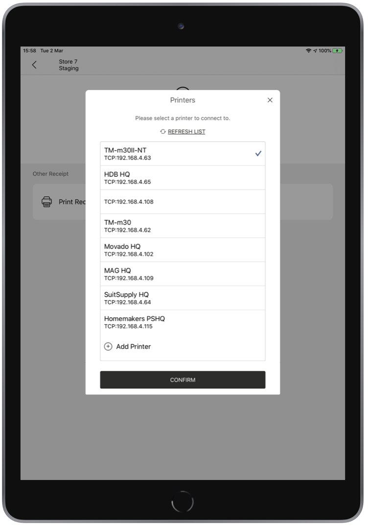 View how 1:N mode functions in the POS app for Printer Topology