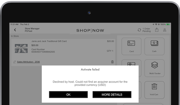 An error message that the POS app couldn't find the currency assigned to the gift card.