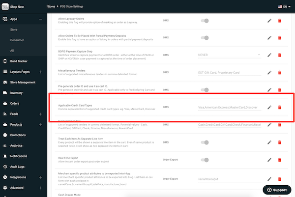 The Applicable Credit Card Types setting in the POS Store Settings section of Point of Sale CMS.