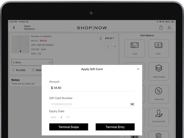 The Apply Gift Card window in the POS app.