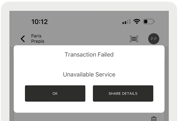 A transaction failed notice that occurs due to unavailable service in Ayden.
